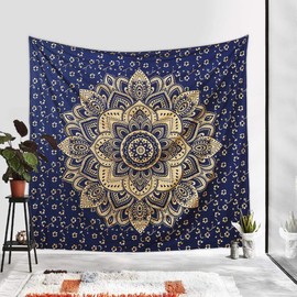 Bless International Indian Traditional Mandala Hippie Wall Hanging, Cotton Tapestry Ombre Bohemian Bedspread (Poster (30x40 Inches)(76x101 Cm), Blue Gold Flower)