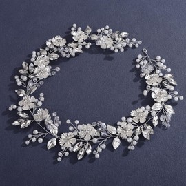 Lenjicons Silver Flower Leaf Wedding Hair Vine Pearls Rhinestone Beads Bridal Headpiece Vintage Flower Leaf Hairpiece Silver Bridal Headband Wedding Hair Accessories for Women