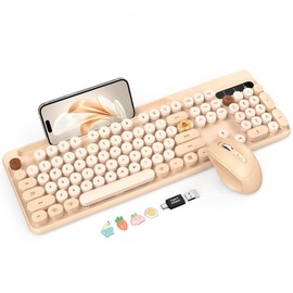 Wireless Keyboard and Mouse Combo, Retro Round Keycaps, Cute Full-Size Typewriter Keyboard with Phone Holder, Sleep Mode, 2.4GHz Cordless Connection for Windows/PC/Laptop (Milk-Tea Colorful)