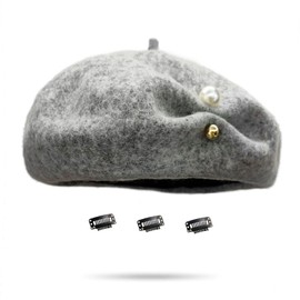 huablo Wool French Beret Hat for Womens Classic Solid Color Fall Winter Warm Cap for Lady Girl Wool Artist Hat Cashmere Berets Hat with Pearl Grey