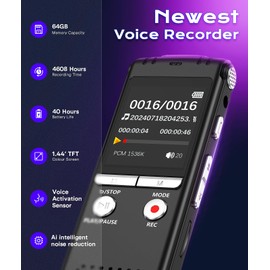 ZIPCIDE 64GB Digital Voice Recorder, 1536Kbps One-Touch Recording Diktiergerät Aufnahmegerä mit Playback, Geräuschunterdrückung Audioaufnahmegerät für Vortrag/Interviews/Klassen/Meeting - ZIPICIDE