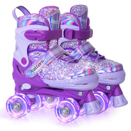 Nattork Kids Roller Skates for Girls Boys Kids, 4 Sizes Adjustable Fluorescent Quad Skates with Light up Wheels & Safety Protection - Cool Birthday Gift for Indoor Outdoor Sports