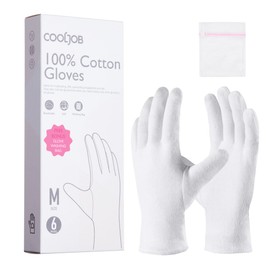 COOLJOB White Cotton Gloves for Women and Men, 6 Pairs Eczema Gloves with a Free Wash Bag, 100% Cotton Moisturising Protective Gloves for Dry Hands, Jewelry Inspection (6 Pairs, Size S-M)
