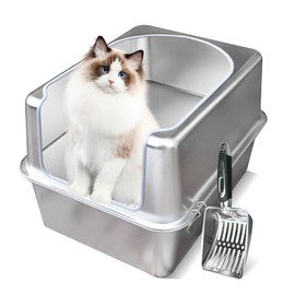 Aothey Stainless Steel Litter Box with Metal Lid and Scoop - Enclosed Metal Litter Box for Large Cats, Rust-Resistant, Odor-Control, Easy to Clean, Durable & Long-Lasting with Round Edge (L)