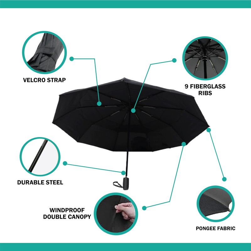 PEM Black Umbrella Compact Travel Folding Umbrella,Durable Rain Windproof Portable