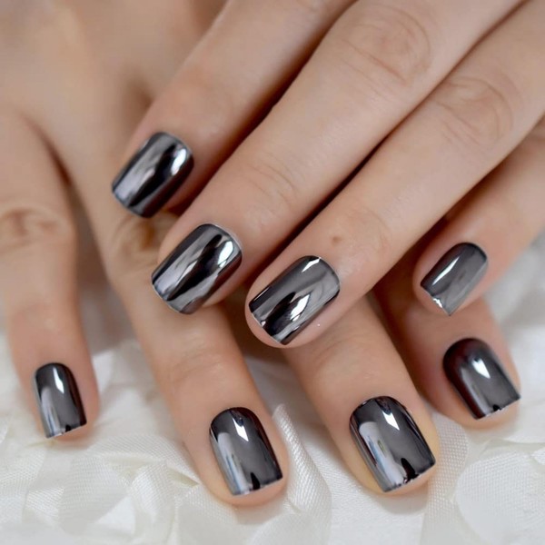 Chrome Black Press on Nails Short Square Fake nails Metallic