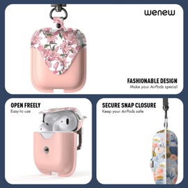 wenew Leather Case for AirPods 1 & 2, AirPods 2 case with snap Closure AirPods Leathe case for Women with Clip (Pink Flower)