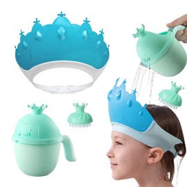 Baby Shower Cap Shield, Baby bath set shower cap/water cup/massage brush,Visor Hat for Eye and Ear Protection for 0-9 Years Old Children,Cute Crown Shape Makes the Baby Bath More Fun (Blue)