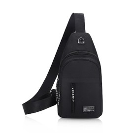 FuninCrea Mens Sling Bag, Oxford Chest Bag Shoulder Bag with Adjustable Shoulder Strap, Zipped Man Bag Cross Body Bag with Headphone Hole for Travelling, Hiking, Sports (Black Double Layer)