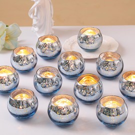 LETINE 36pcs Blue Votive Candle Holders - Elegant Mercury Glass Tea Light Candle Holder Set for Weddings, Holiday Season Decorations,Christmas Table Centerpieces