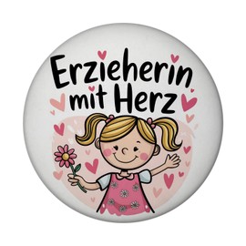 Fröhliche Cartoon-Figur - Erzieherin mit Herz Magnet mit Flaschenöffner Zauberhaftes Mädchen mit blonden Haaren in pinkem Kleid voller Blumen EIN Muss für jeden Erzieher-Fan