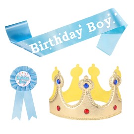 Xthrotsenk Birthday Crown Party Set - Prince Crown Hat, Sash, Button Pin Accessory Costume Headwear & Photo Props for Boys' Theme Party Decoration(Light Blue)