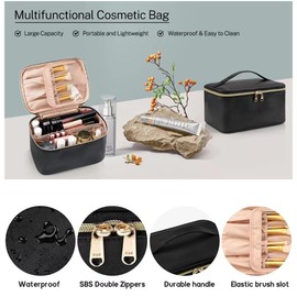 LoveFirst Travel Makeup Bag Portable Cosmetic Bags with Brush Compartment with Handle Large Capacity Pu Material Waterproof Cosmetic Organiser Toiletry Bag for Women Travel Essentials(Colour:Black)