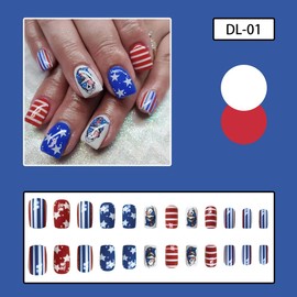 24Pcs 4th of July Press on Nails Short Square Fake Nails Red White Blue Stripes Designs American Flag Star Stick on Nails Full Cover Independence Day False Nails for Women Acrylic Manicure Decoration