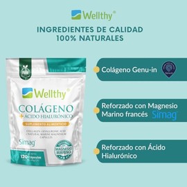 Wellthy Colageno con Magnesio y Acido Hialuronico 120 Capsulas. 100% Natural, Peptidos de Colageno hidrolizado Genu-In, Magnesio Marino Francés SIMAG,