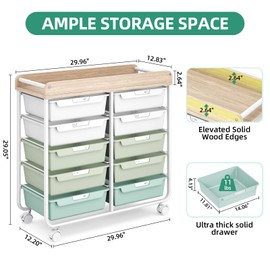 10 Drawers Rolling Cart with Wooden Tabletop, Utility Storage Cart with Wheels, Art Supply Craft Organizer on Wheel with Metal Frame & Handles for Home Office School,Green