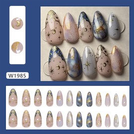 24pcs Hot Stamping French Tip Press on Nails Gradient Medium Almond Fake Nails Gold Star Moon Glue on Nails With Glue Full Cover Acrylic Nails for Women DIY Summer Manicure