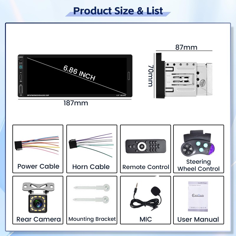 Fuluku 6.85 Inch Single Din Car Stereo with Wired Carplay