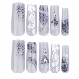 BABALAL Press on Nail Long Square Fake Nails Gray Glue on Nails 3d Texture Sliver Chrome Y2k Acrylic Nails Goth Metallic Cross Heart Charm Luxury False Nails 24Pcs Squoval Handmade Artificial Nails