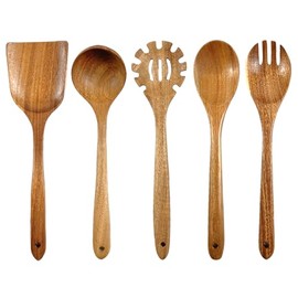 5Pcs Wooden Cooking Utensils Set, Natural Acacia Wood Utensils Set for Cooking, Non-Stick Wooden Kitchen Utensils Set, Heat-Resistant Kitchen Tool Set with Wooden Spoon, Spatula, Ladle, Pasta Server
