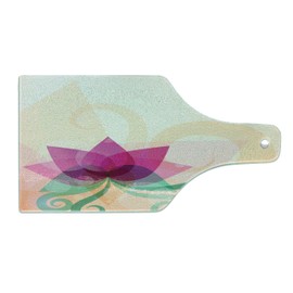 Lunarable Abstract Cutting Board, Fantasy Lotus with Swirl Leaves Blooming Lily Flower Nature, Decorative Tempered Glass Cutting and Serving Board, Wine Bottle Shape, Peach Fuchsia Almond Green