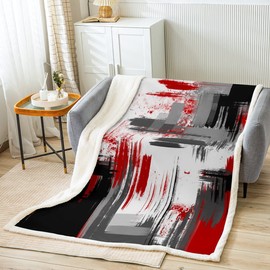 Abstract Plush Blanket Modern Abstract Art Fleece Throw Blanket for Bed Sofa Couch Red Grey Black Pattern Sherpa Blanket Room Decor Twin 60"x80" Fuzzy Blanket