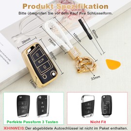 BLINGOOSE Key Case for VW Volkswagen Polo Tiguan Golf 7 MK7 Touran T ROC Cross Taigo 3 Buttons Car Key Cover Key Case Accessories Glitter Keychain Black Gold TPU