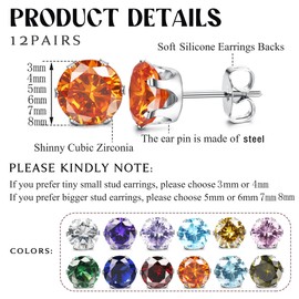 Jstyle Hypoallergenic Stud Earrings for Women Men Surgical Stainless Steel Cubic Zirconia Earrings Studs Colorful Birthstone Earrings Set Womens small Stud Post Earrings for Sensitive Ears 6mm