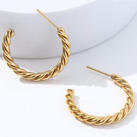 Candyfancy Round Twisted Hoop Rope Click hoop earrings Plated White Gold and Yellow Gold 20mm 25mm 30mm Twisited Chunky Hoop Earrings For Women Stainless Steel