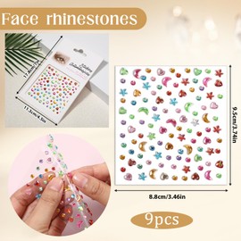 9sheets Self Adhesive Face Gems Stickers,Face Gems for Women,Jewel Stickers for Eye Body Face Nail Crystal Rhinestones,Rave Accessories Makeup for Women