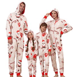 YEAXLUD Matching Christmas Holiday Candy Cane Pajamas for Family Couples Womens Sleepwear Mens Cute Xmas One Piece Pjs Funny Onesie Adult Loungewear Jumpsuit Santa Jammies(Beige-J-Santa-Men-XL)