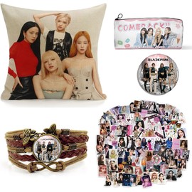 ZPPLD Blackpink Merchandise, Blackpink Fan Item, Blackpink Fans Gift Set, 1 Blackpink Cushion Cover, 1 Braided Leather Bracelet, 100 Blackpink Stickers, Single Layer Canvas Pencil Case, Brooch