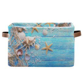 FZDXZJJ Summer Beach Wooden Starfish Storage Basket Bins, Ocean Nautical Decorative Baskets Storage Box Collapsible Storage Cubes Organizer with Handles for Nursery Shelf Closet Office Home Bedroom,1