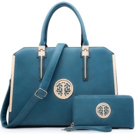 Dasein Women Large Satchel Handbag Shoulder Purse Top handle Work Bag Tote With Matching Wallet (Blue)