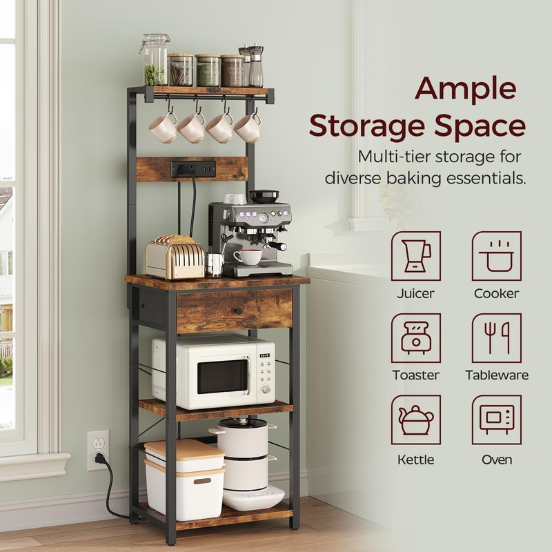 MAHANCRIS Bakers Rack with Drawer, Microwave Stand with Power Outlet,