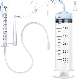 300ML Enema Syringe Cleaning Douche System，Travel Enema Kit for Colon Cleansing，Douche Enema Kit for Women & Men with 2 Nozzles ，with 23.6in Hose