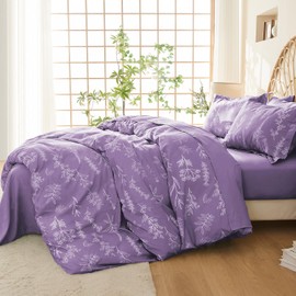 MUXHOMO Duvet Cover Full Size, Reversible Floral Grayish Purple Duvet Cover Set with Zipper Closure, 3 Pieces Botanical Patterns Soft Microfiber Bedding Set with 4 Ties (80"x90", 2 Pillow Cases)