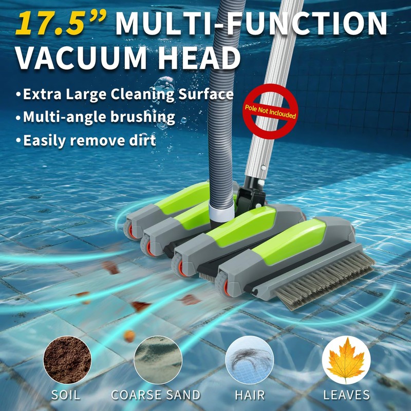 Heavy Duty Pool Vacuum Head with Wheels, 17.5" Flexible Side