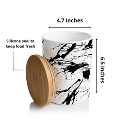 Arthausen White Ceramic Storage Jar Canister for Flour Sugar - Black Splatter - Airtight Bamboo Lid w/Silicone Seal, Spoon - Modern Abstract Art Design for Kitchen Counter Bathroom - 4 cup / 1080mL
