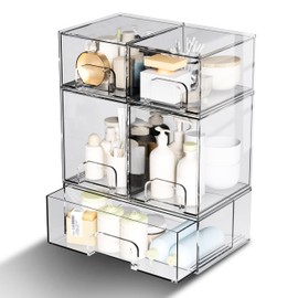 Binceen 5 Pack Stackable Storage Drawers, Clear Plastic Organizer Bins with Pull-out Handle for Makeup, Ideal for Vanity, Bathroom, Undersink, Cabinet, Pantry Organization