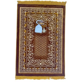 Modefa Turkish Islamic Velvet Prayer Rug - Thick & Wide Soft Praying Carpet for Men & Women - Large Prayer Mat - Eid & Ramadan Gift - with Kufi Cap, Beads & Car Hanger - Double Plush (KB Gold)