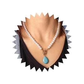 Yheakne Vintage Pearl Turquoise Necklace Teardrop Turquoise Pendant Necklace White Pearl Choker Necklace Pearl OT Bar Clasp Necklace Jewellery for Women and Girls