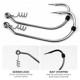 40pcs Weedless Flipping Worm Hooks with Screw Lock & Silicone Bait Stopper, 2# 1# 1/0 2/0 3/0 4/0 5/0 Heavy Shank Bass Hooks for Texas & Carolina Rig Fishing
