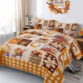 Menghomeus Happy Thanksgiving Quilt Set Queen Fall Harvest Bedspread Patchwork Bed Quilt Set Soft Microfiber Farmhouse Bed Sets for All Season