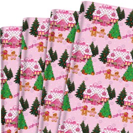 Bolsome 12 Sheets Christmas Wrapping Paper Pink Gingerbread Man Gingerbread House Gift Wrap Paper for Xmas Party Winter Festivals DIY Craft Supplies, 19.7 × 27.6 Inches
