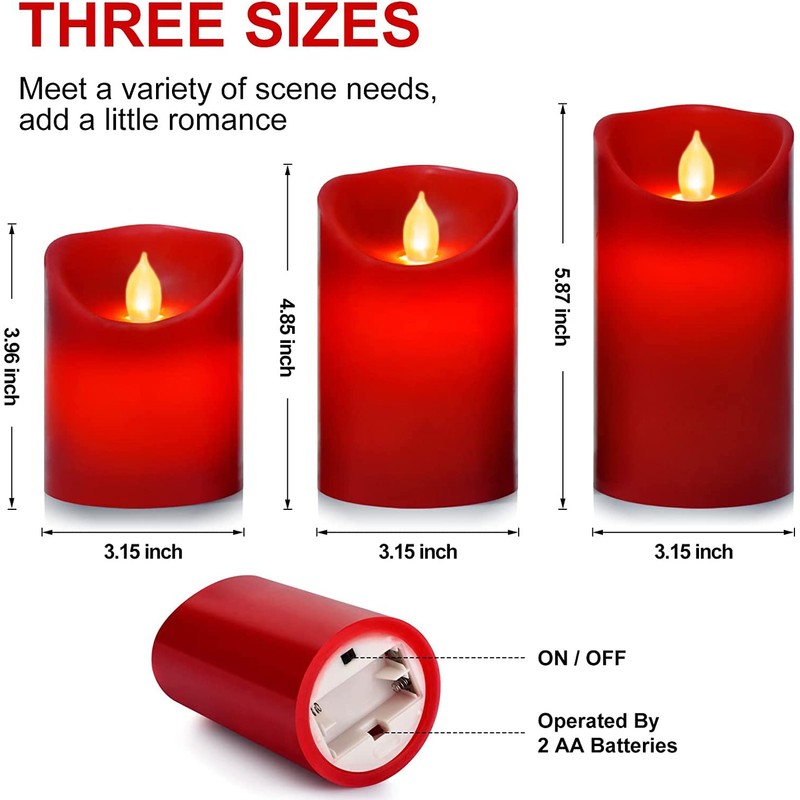 Nancia Flameless Battery Operated Flickering Candles:3PACK Red Real Wax Pillar