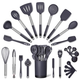 SMIRLY Silicone Kitchen Utensils Set with Holder - Silicone Cooking Utensils Set for Nonstick Cookware, Kitchen Spatula Set & Kitchen Essentials, Home Kitchen Tools & Accessories Set - Grey