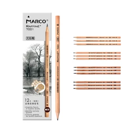 Marco 7001 Wooden Pencils, Drawing Empires Professional Wooden Sketch Pencils with Hex Shaft (7001-2H, 4B, 6B, 8B MIX, 12)