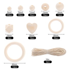 RUBY 416 Pieces Wooden Beads Macrame Set Wooden Rings for Crafts Wooden Balls with Hole Kit Contains 372 Natural Wooden Beads, 42 Wooden Rings Macrame Accessories for DIY Jewellery Making