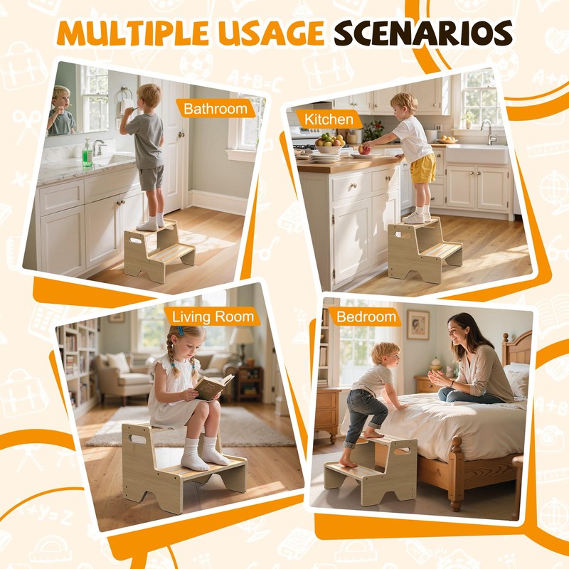 Uiirvdy Step Stool for Toddler, Sturdy Wooden 2-Step Stool with